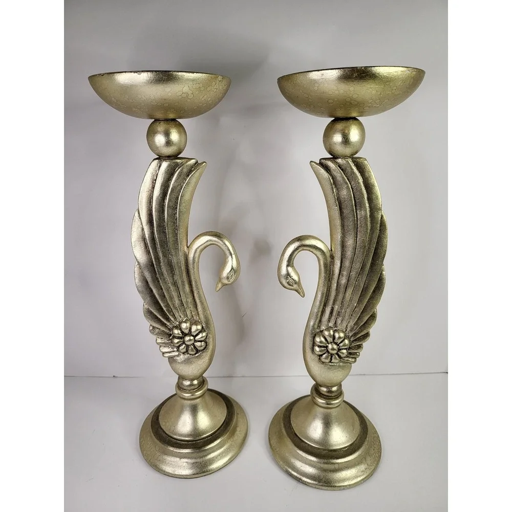 Vintage 1980s Art Deco Gold Swan Pillar Candle Holders - Hollywood Regency 15.5